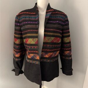 Coldwater Creek Black Denim Jacket with mixed fabric detail.  Size 14